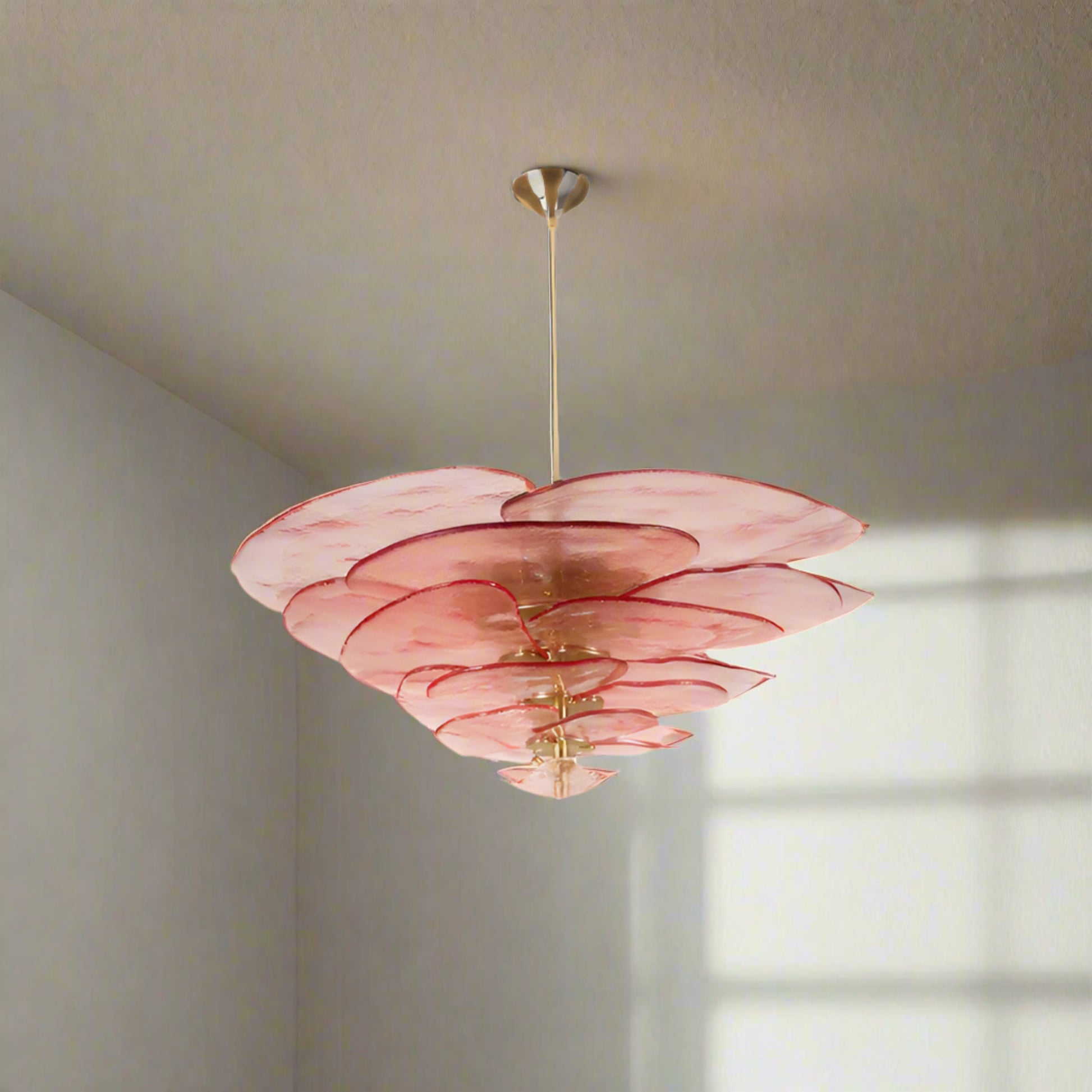 Pink chandelier with dimensions and material details on a white background