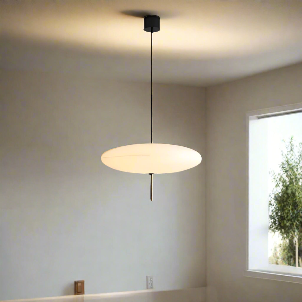 Pendant light with dimensions and specifications on a gray background