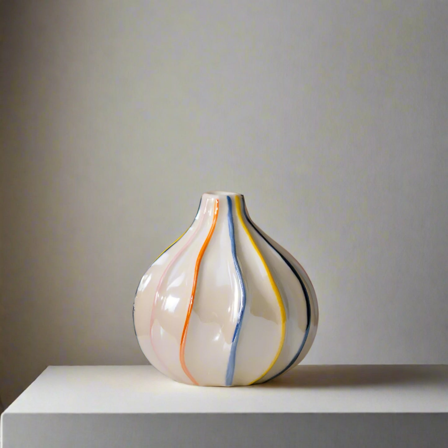 White ceramic vase with colorful stripes on a beige surface and background