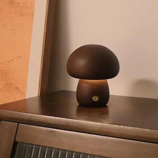 Charming LED Mushroom Night Light – Touch Sensor Wood Bedside Lamp adds a cozy glow to any child's room or decor.