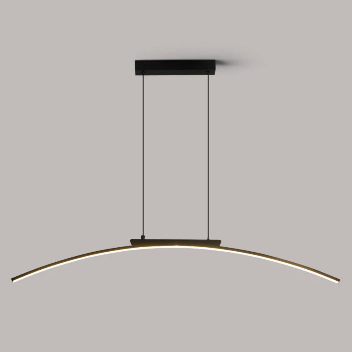 Modern pendant light with curved design on a gray background