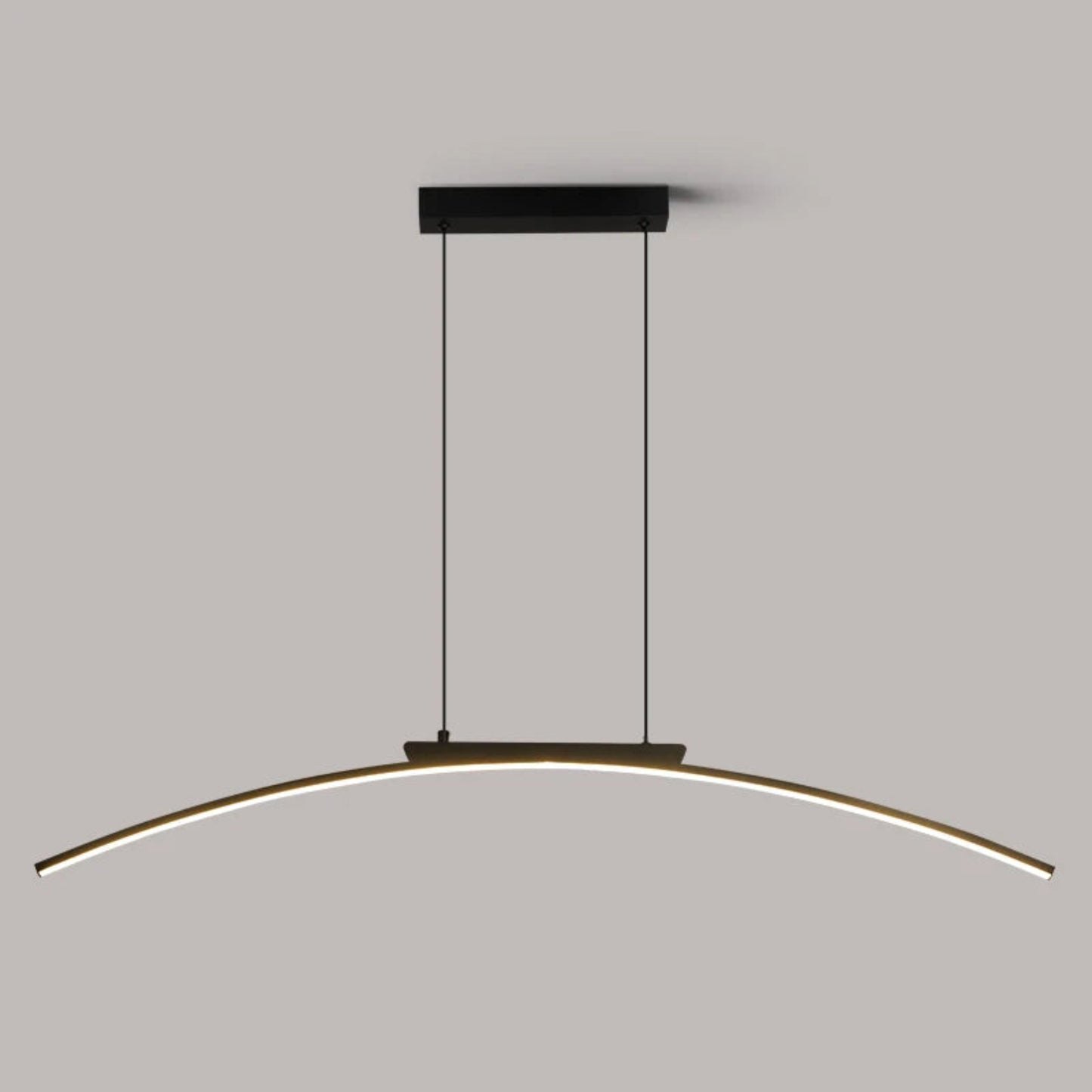 Modern pendant light with curved design on a gray background