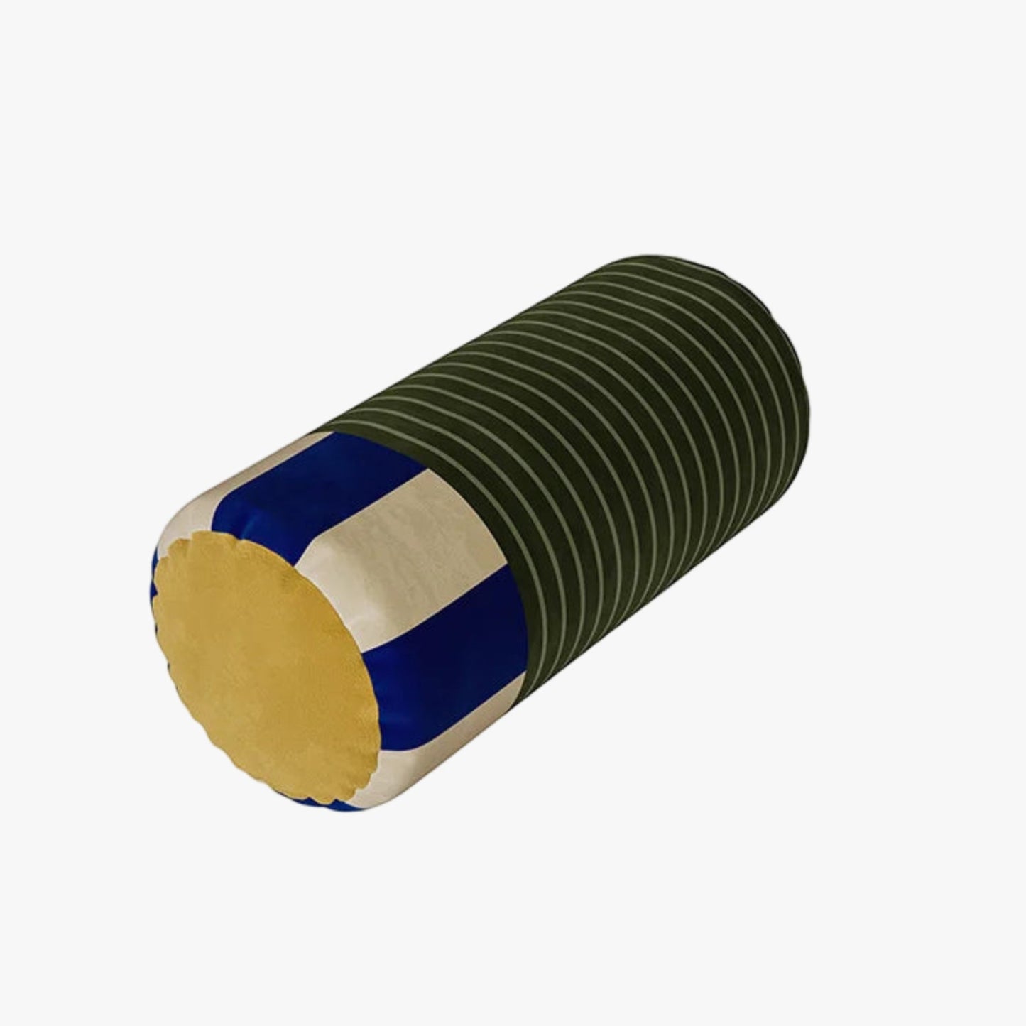 cylindrical pillow with striped pattern on a light gray background