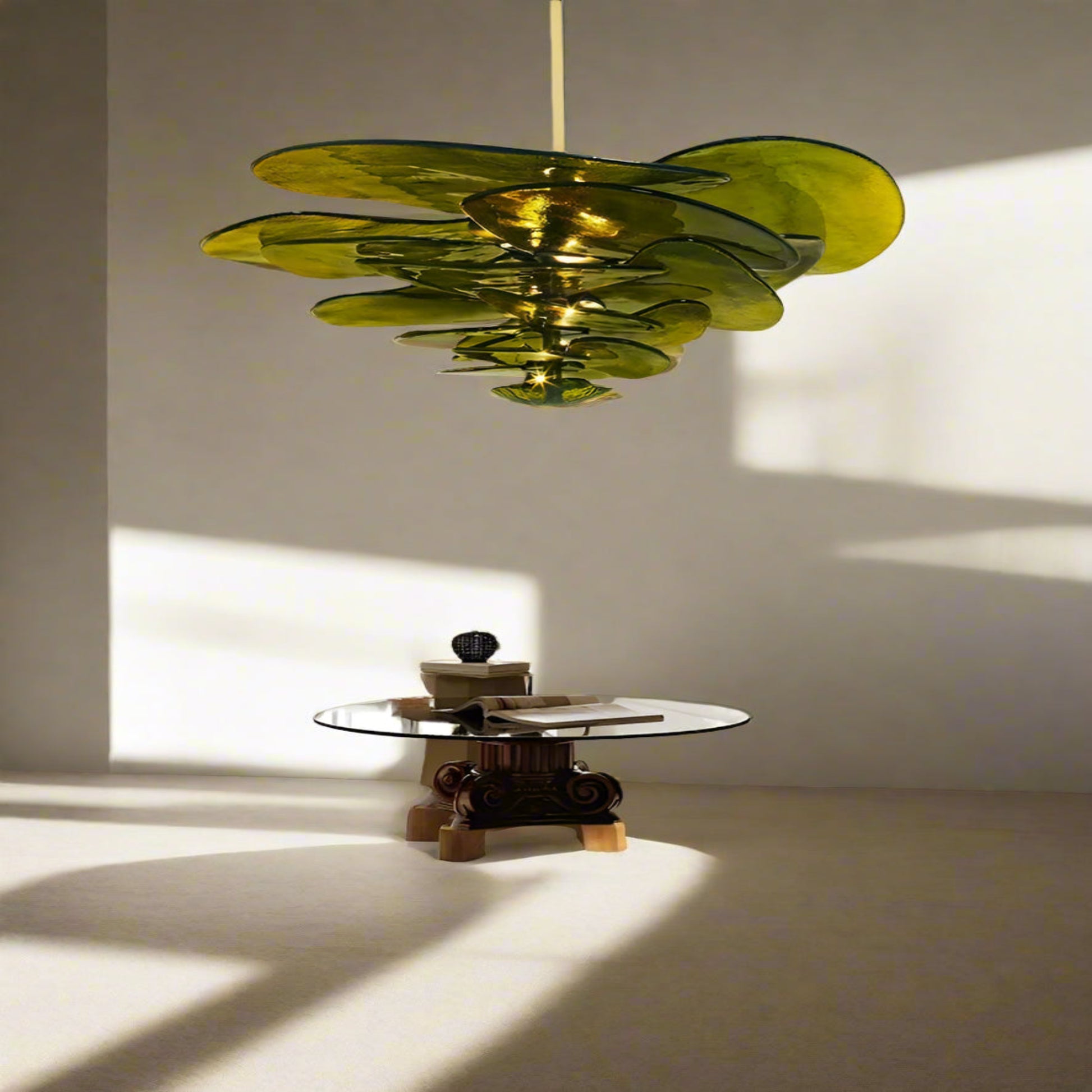 Modern living room with a unique green chandelier, round table, and patterned rug.