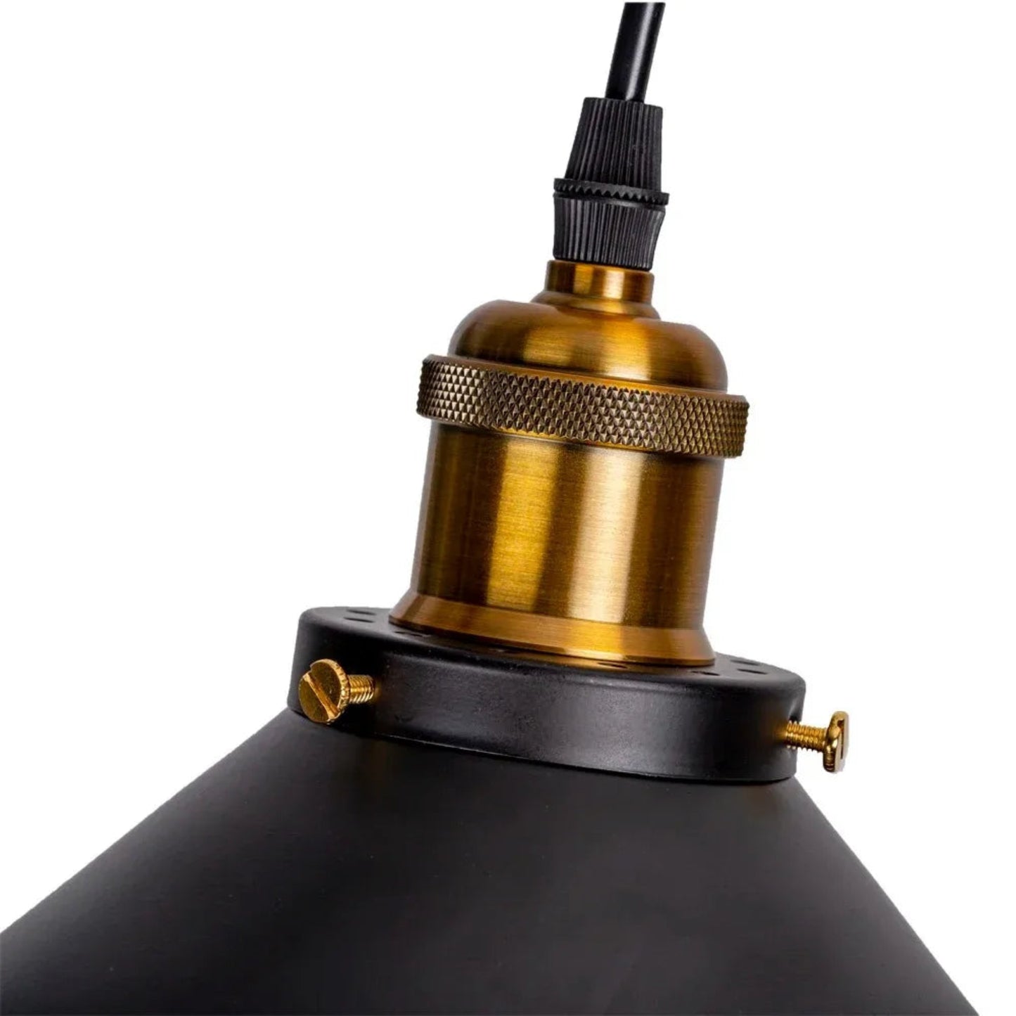 Close-up of a black and gold lampshade with a white background