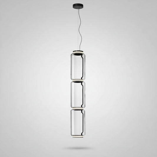 Modern pendant light with cylindrical design on a white background