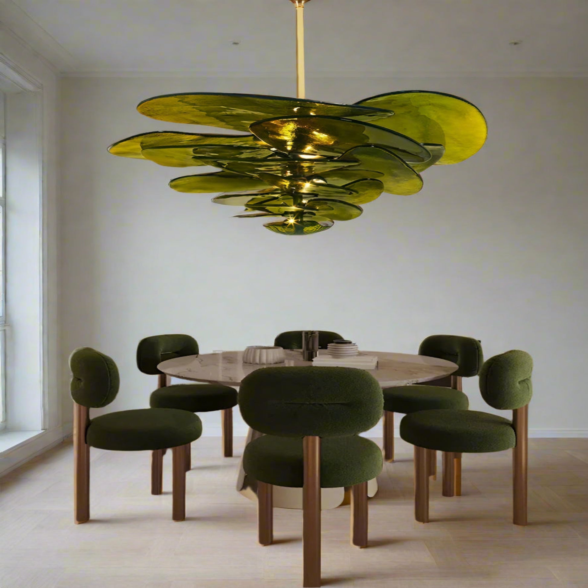 Dining room with a modern green chandelier, round table, and green chairs.