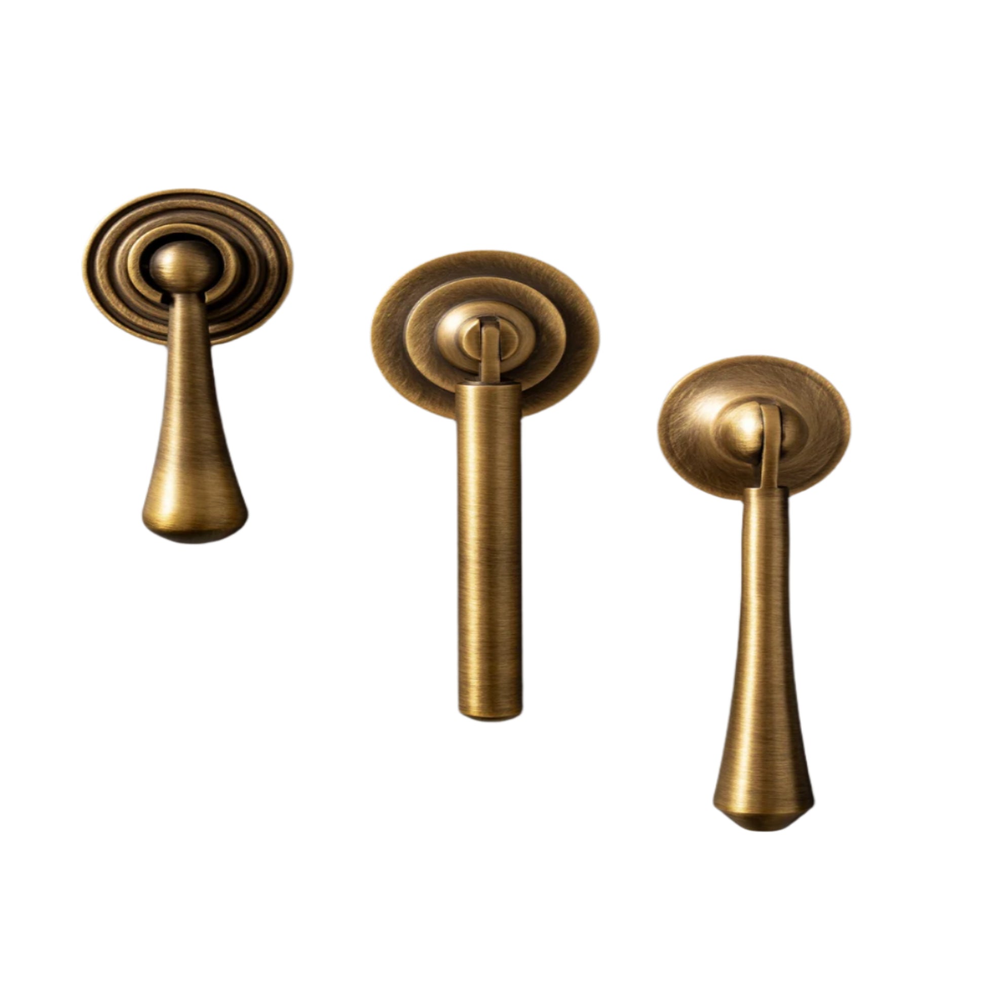 Three gold door handles on a white backround