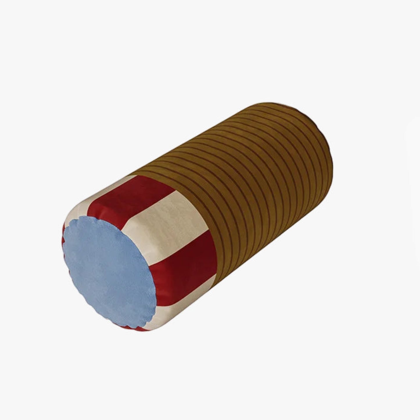 Decorative cylindrical pillow with striped pattern on a light gray background