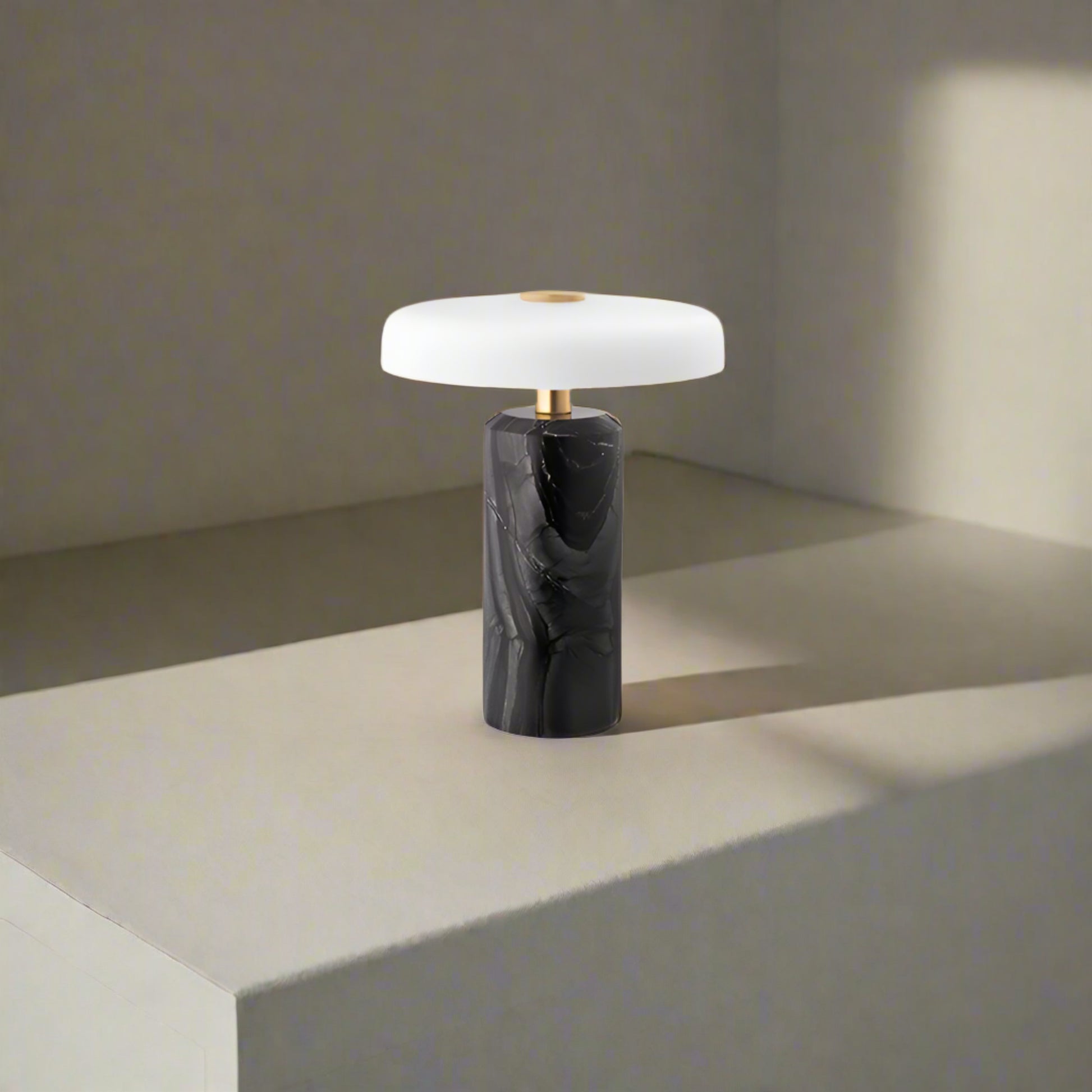 Black charging table lamp with dimensions and material details on a white background