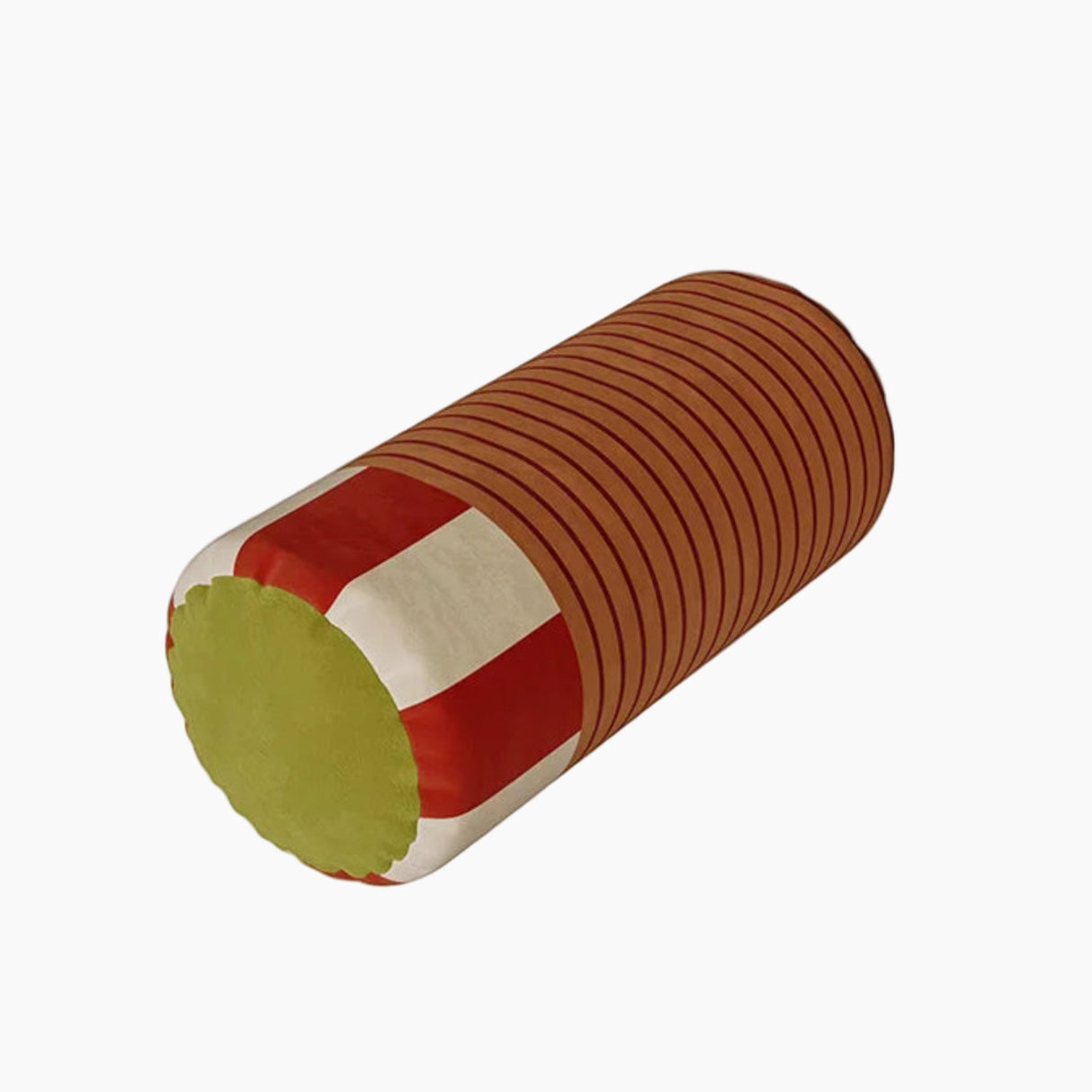 cylindrical pillow with brown, red, and green colors on a light gray background