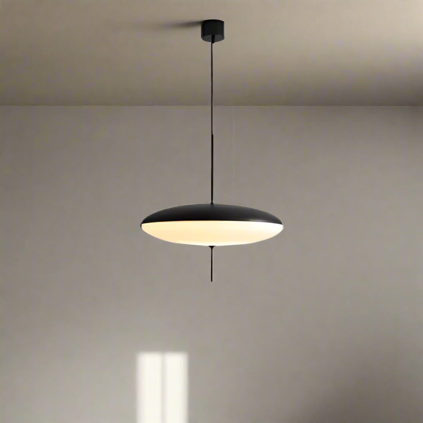 Pendant light with dimensions and specifications on a gray background