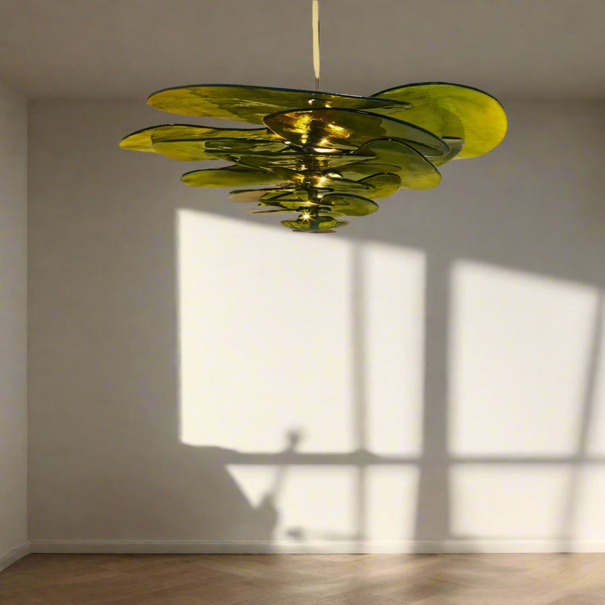 Modern interior design with a decorative wall panel and a unique ceiling light fixture.