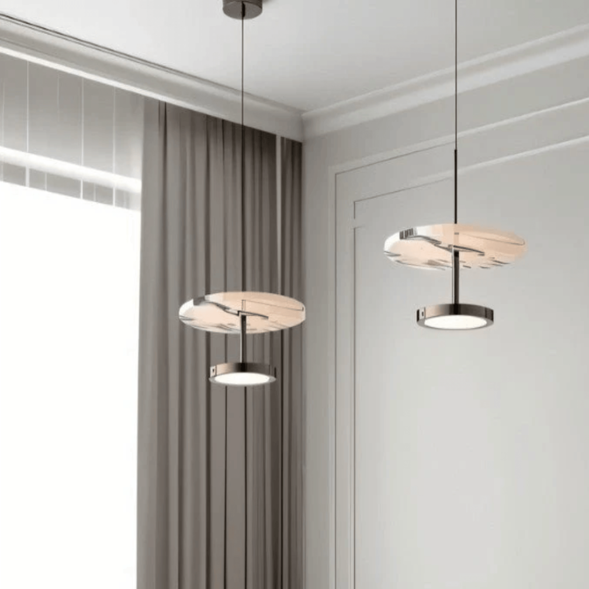 Modern marble disc pendant light with brushed metal fixture 2 lights in living room