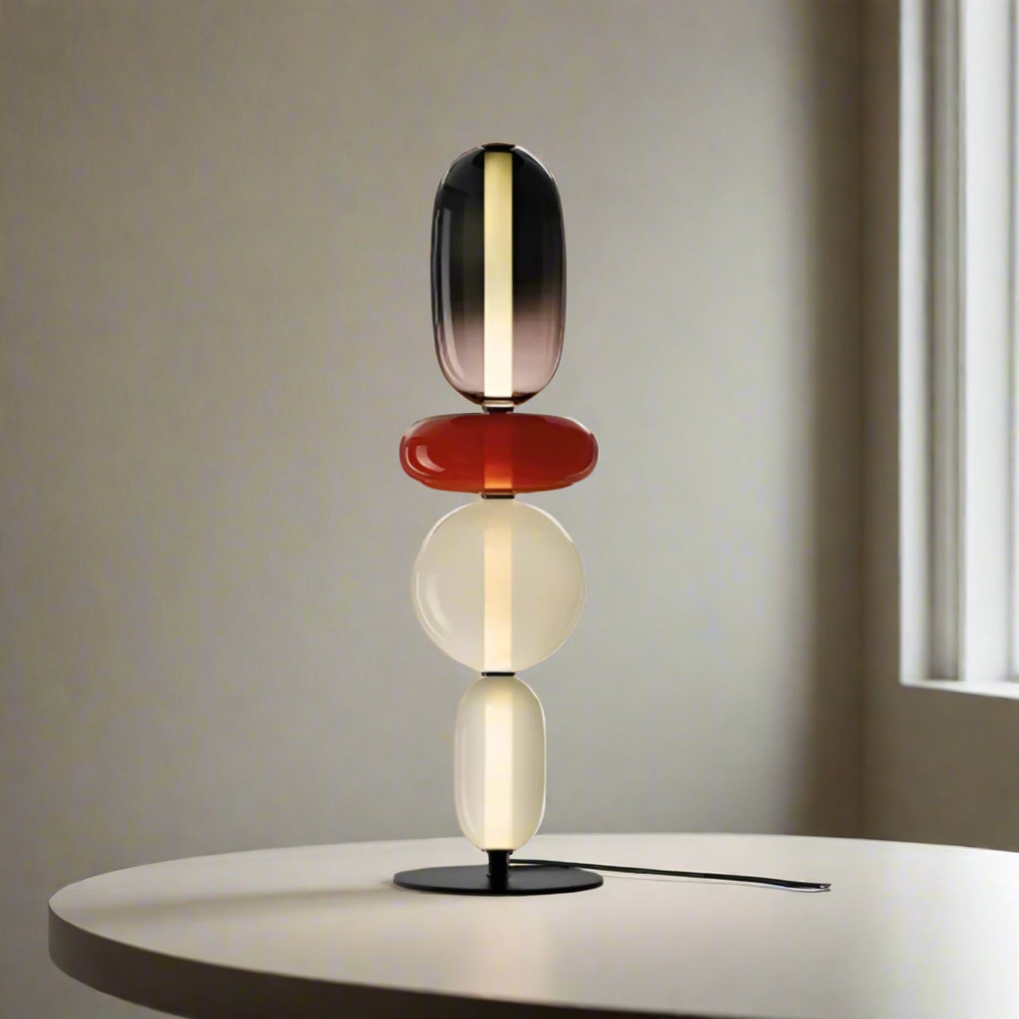 Table lamp with four glass heads and dimensions on a white background