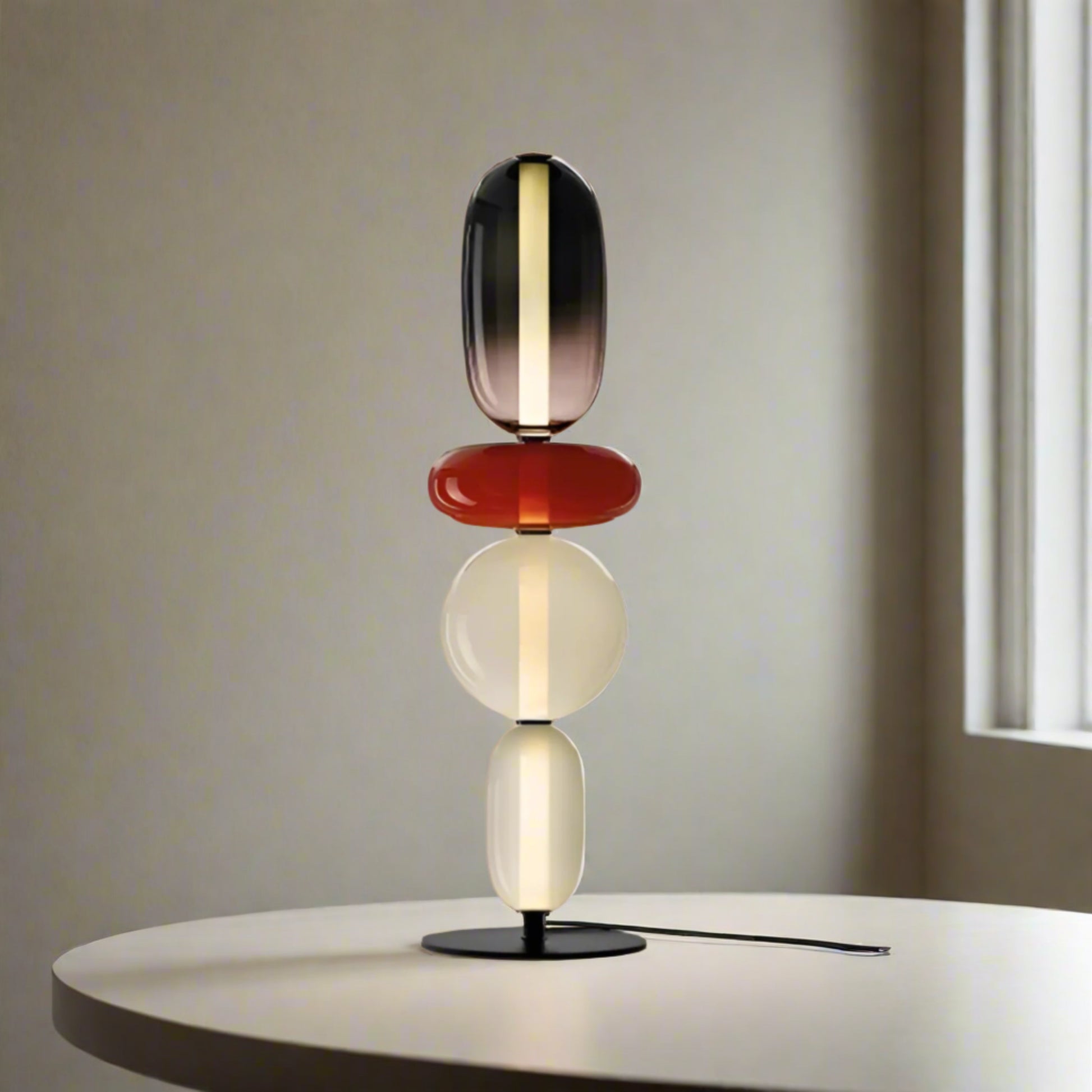 Table lamp with four glass heads and dimensions on a white background