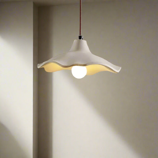 Lotus chandelier with dimensions and material details on a beige background