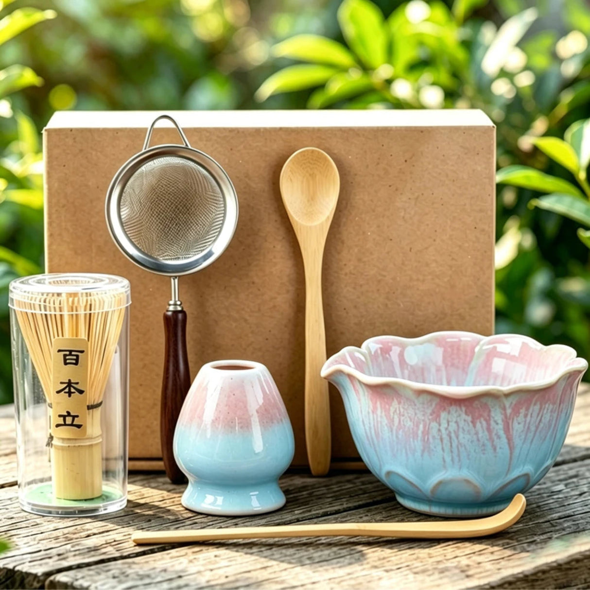 Tea-making set with ceramic bowl, spoon, and other tools on a wooden surface with a natural background.
