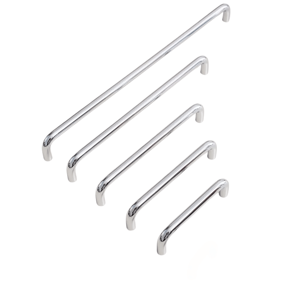 Set of four chrome cabinet handles on a white background
