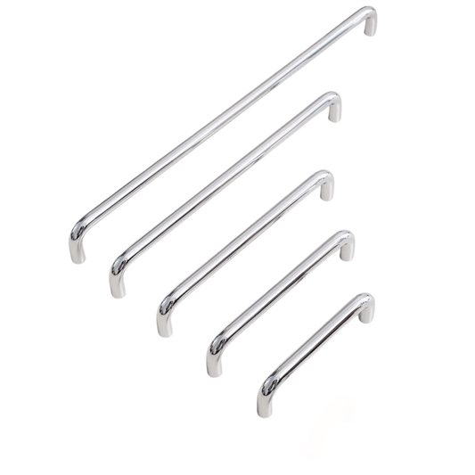 Set of four chrome cabinet handles on a white background