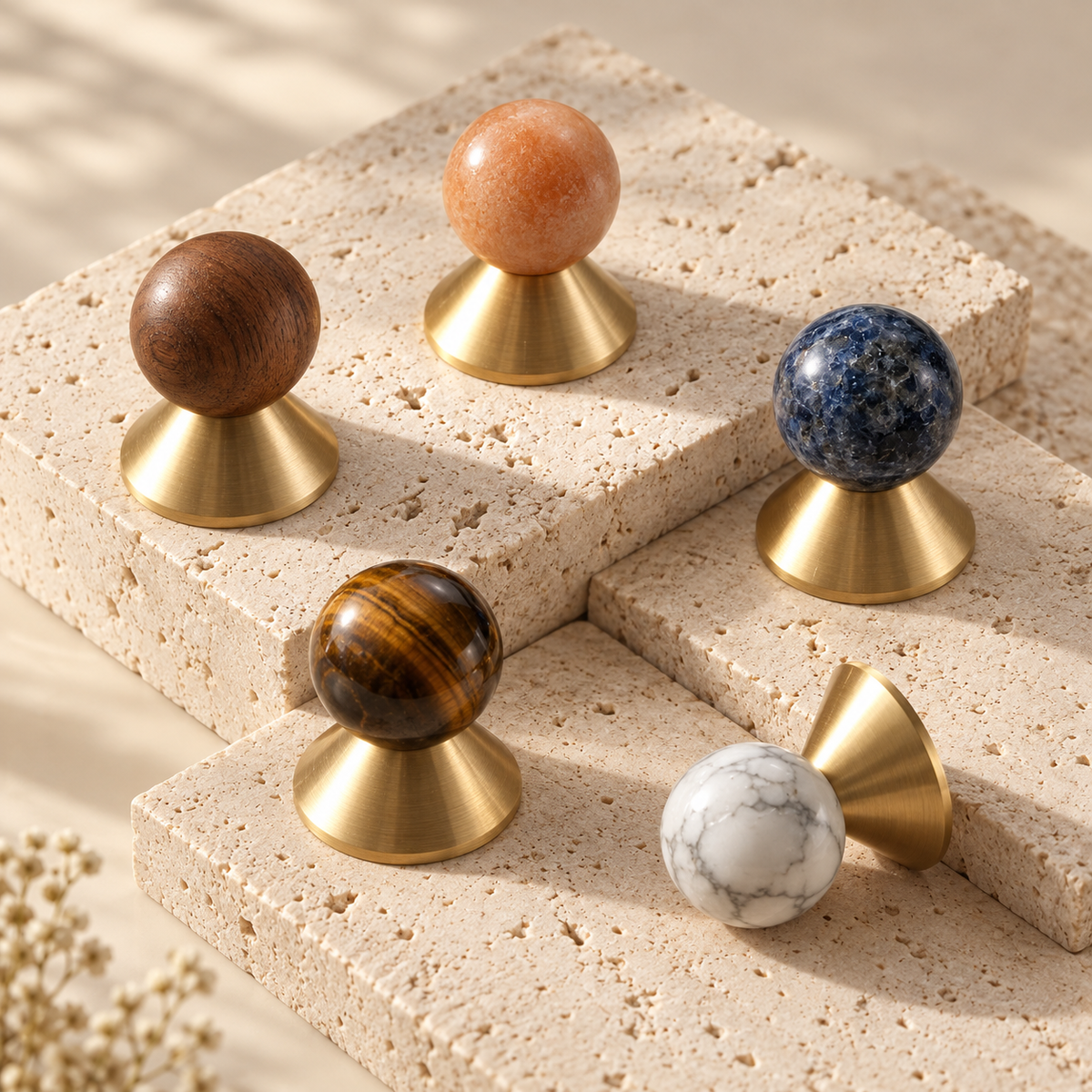 Solvi Brass Ball Cabinet Knobs – Mixed Stone and Walnut Variants – Angled studio arrangement on travertine