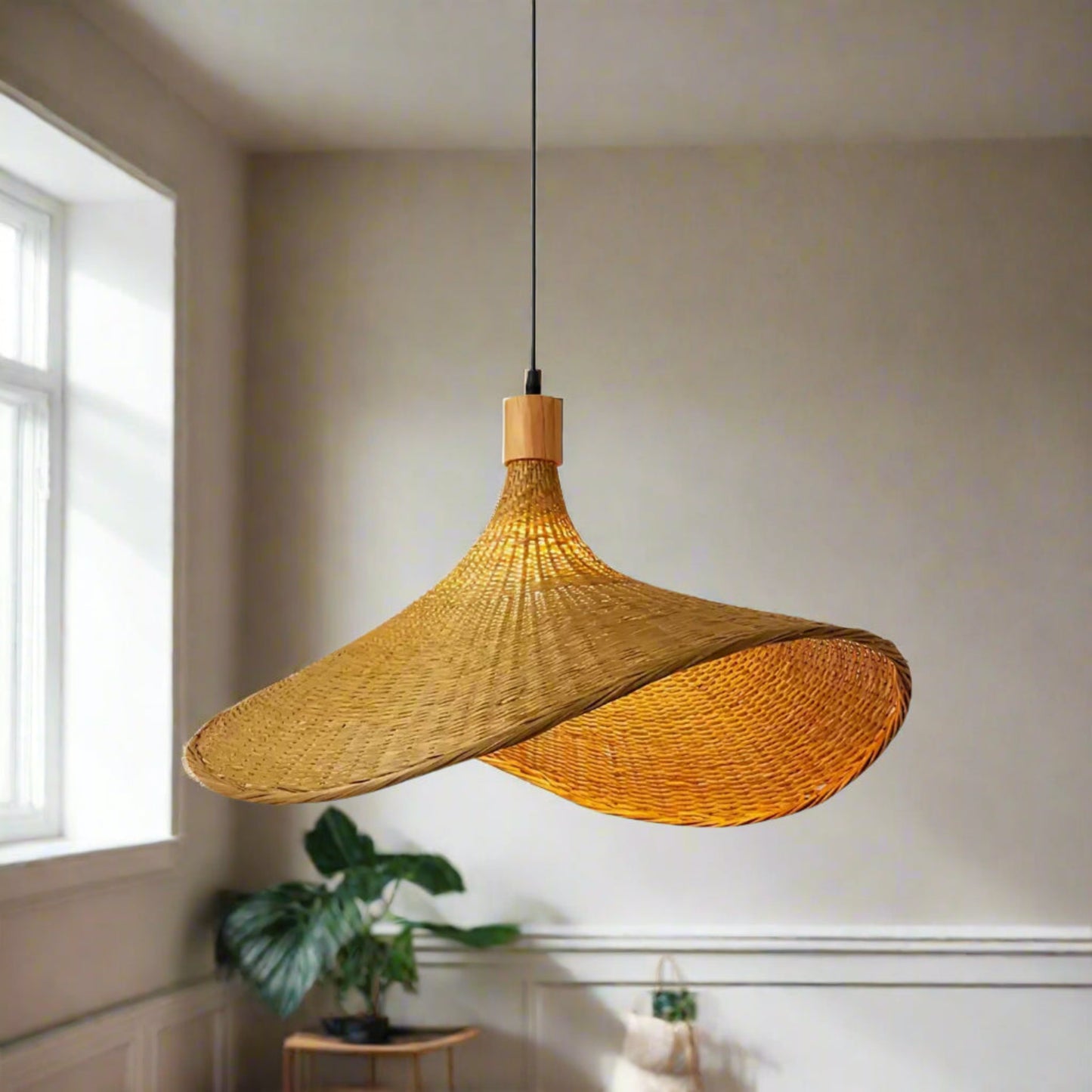 Woven pendant light with wooden finish on a white background