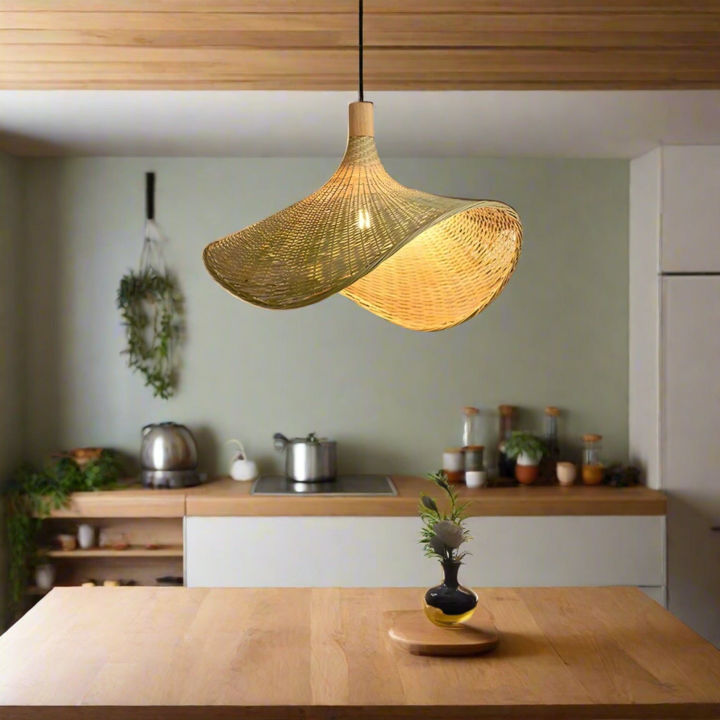 Woven pendant light hanging in a room with a wooden table and decorative items.