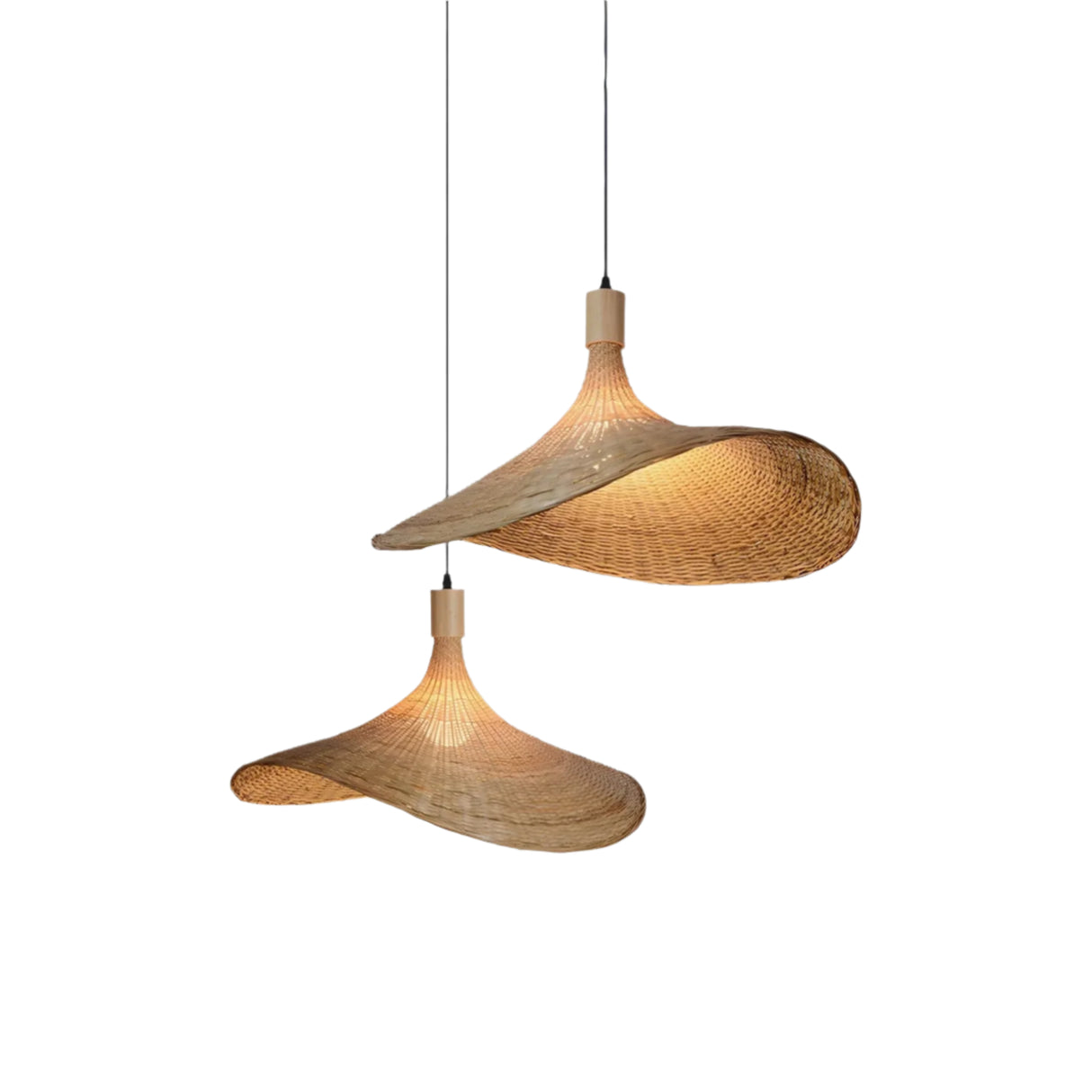 Two woven pendant lights on a white background