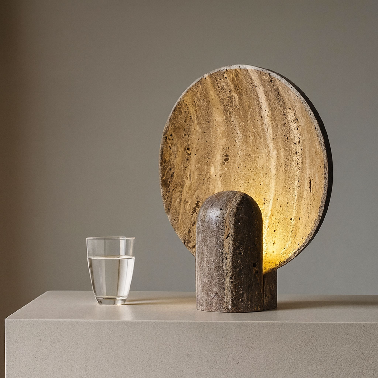 Ceramic lamp with a glass of water on a neutral background