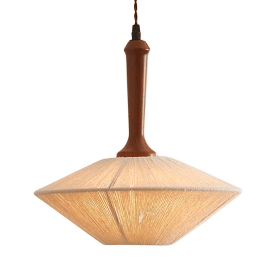Pendant light with wooden fixture and woven shade on a white background
