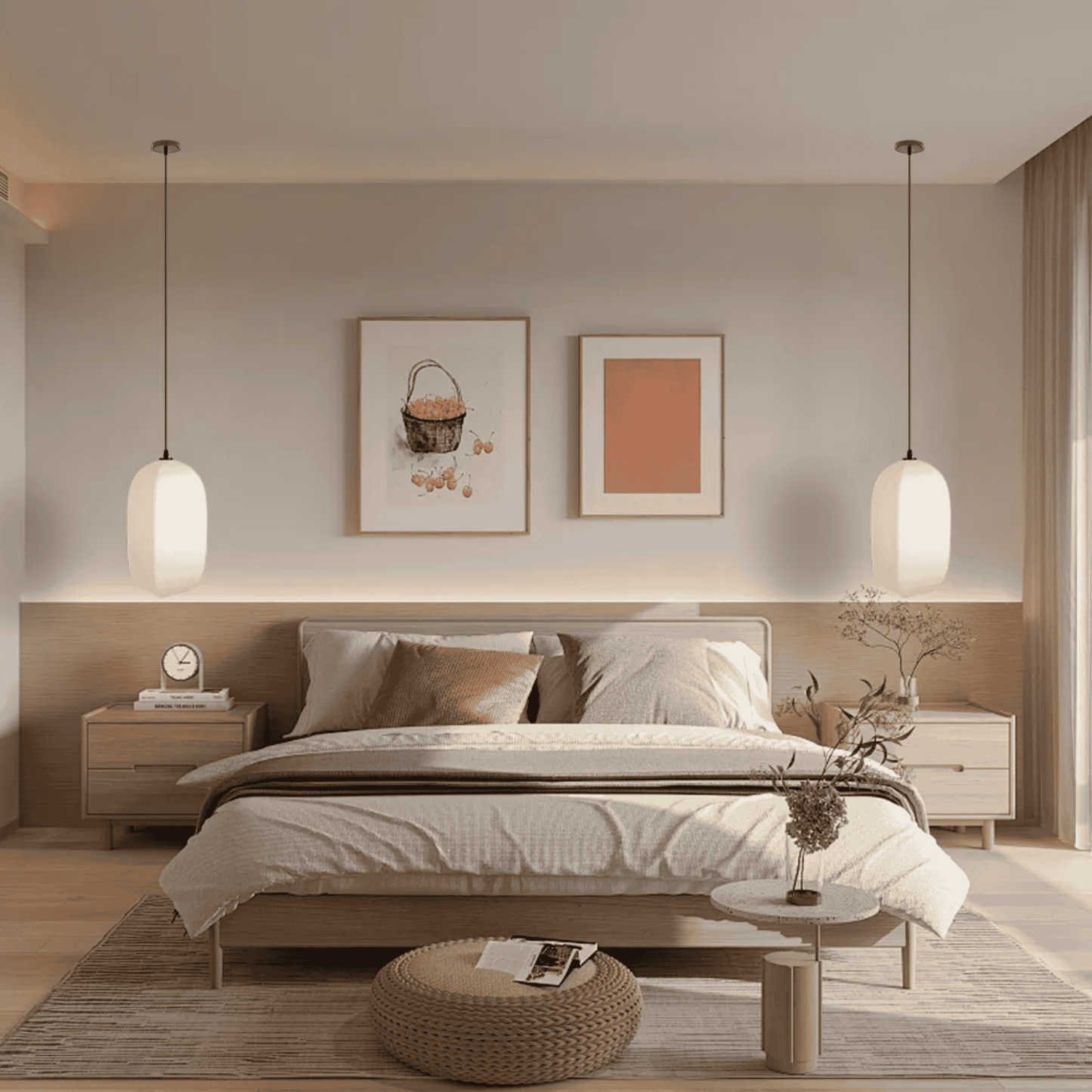 Modern bedroom with a bed, nightstands, and wall art.