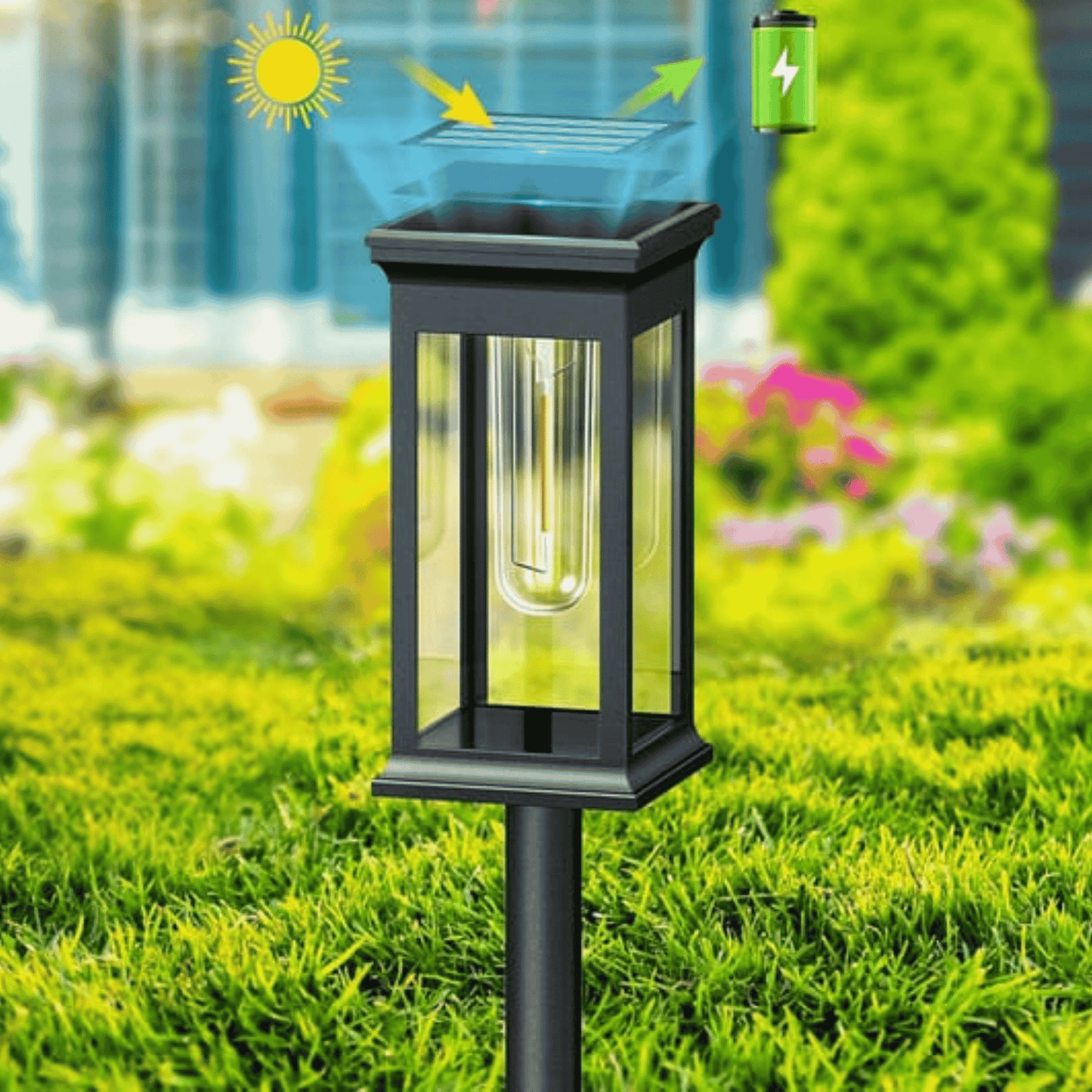 Solar-powered outdoor lamp on grass with energy transfer diagram