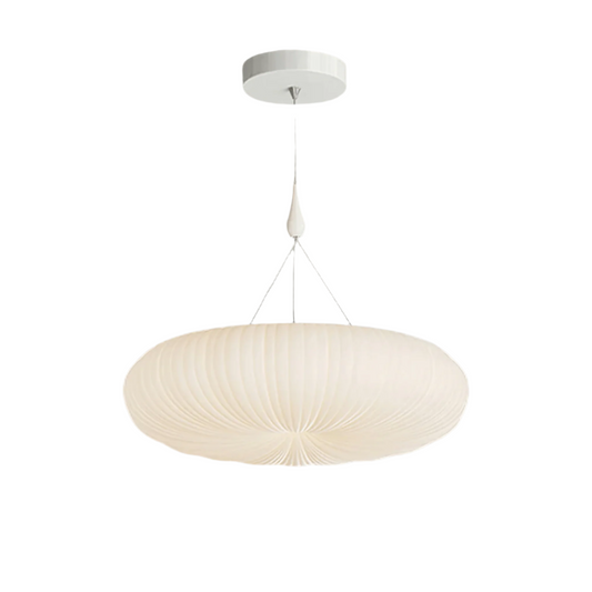 Pendant light fixture with white lampshade on a gray background