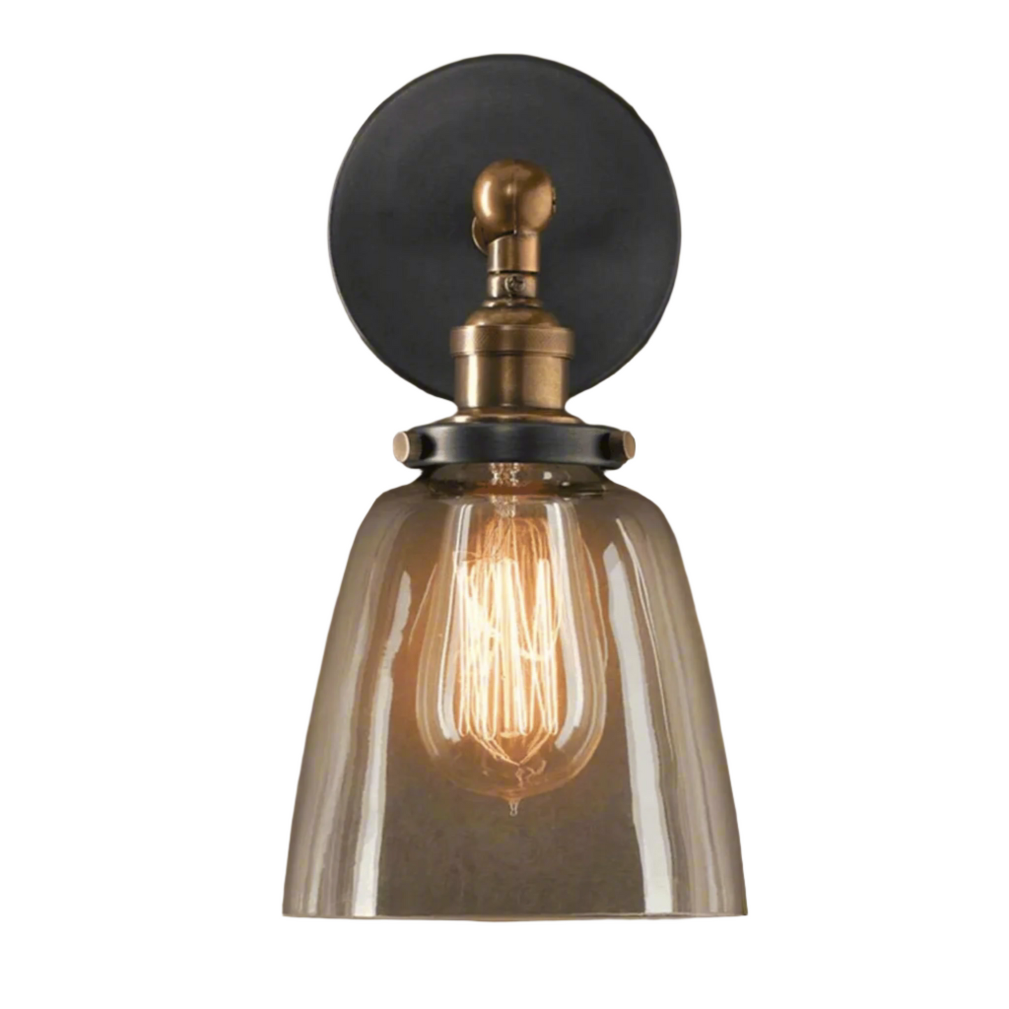 Vintage-style wall sconce with clear glass shade and brass fixture on a brown background
