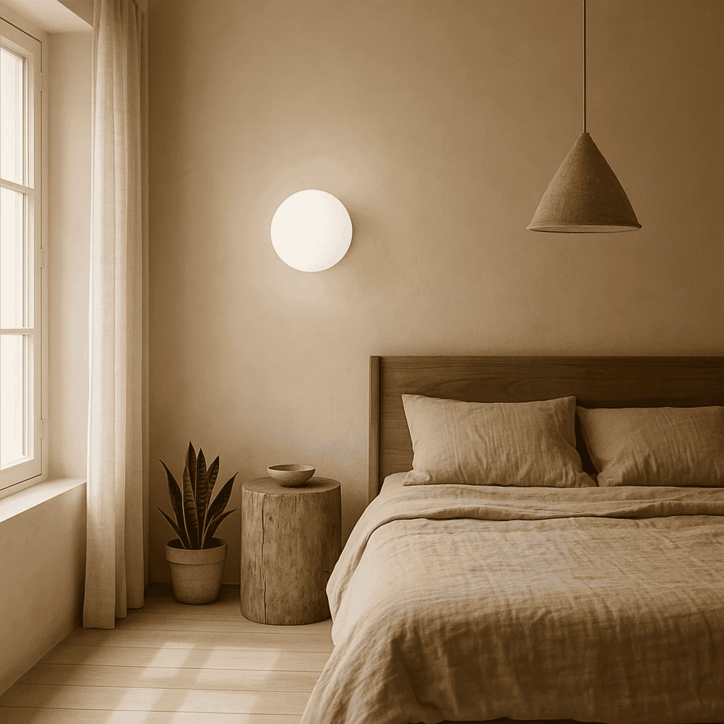 Cozy bedroom with wooden bed, wall lamp, and pendant light.