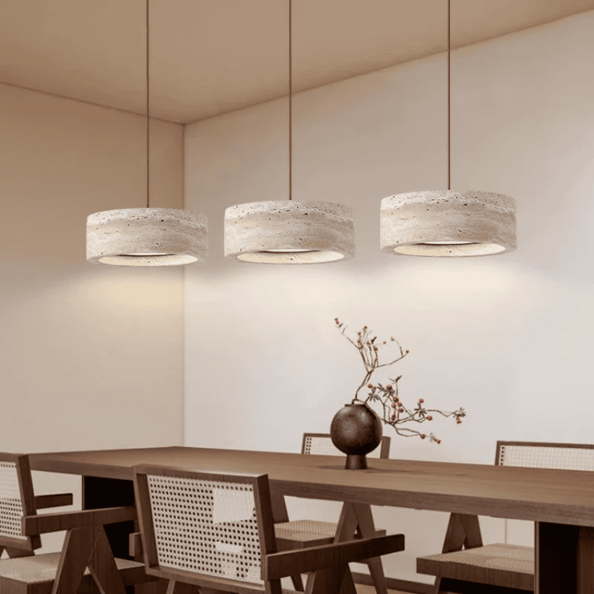Three pendant lights hanging above a wooden dining table with chairs in a modern interior setting.