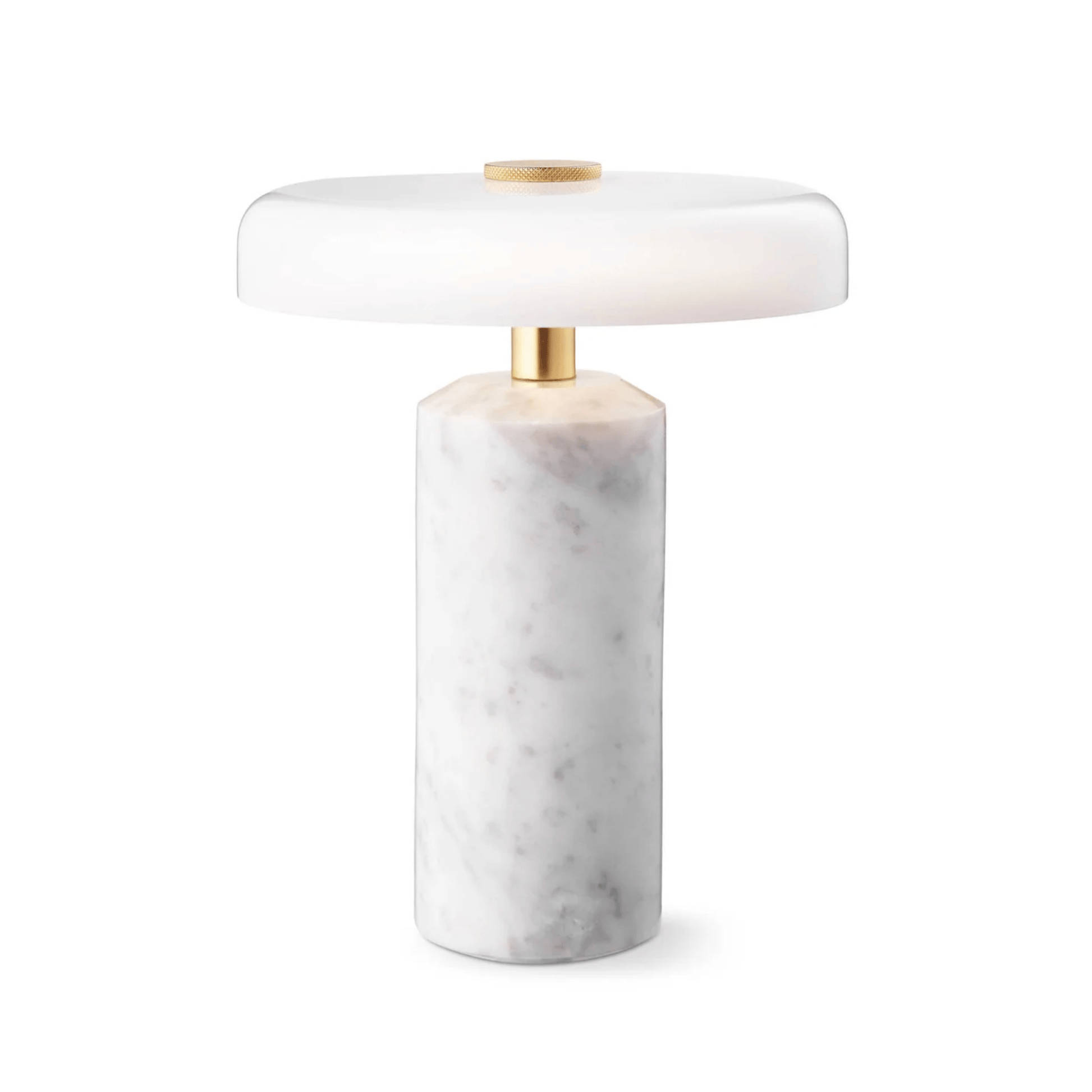 Marble table lamp with white shade and gold base on a white background