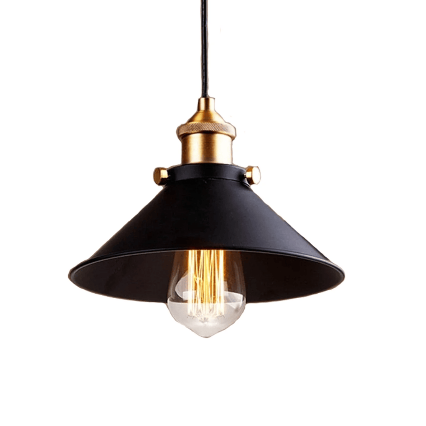 Black pendant light with gold accents on a white background