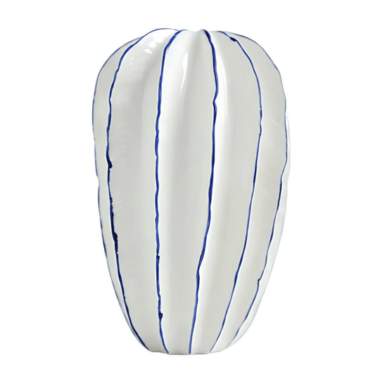 White vase with blue stripes on a white background