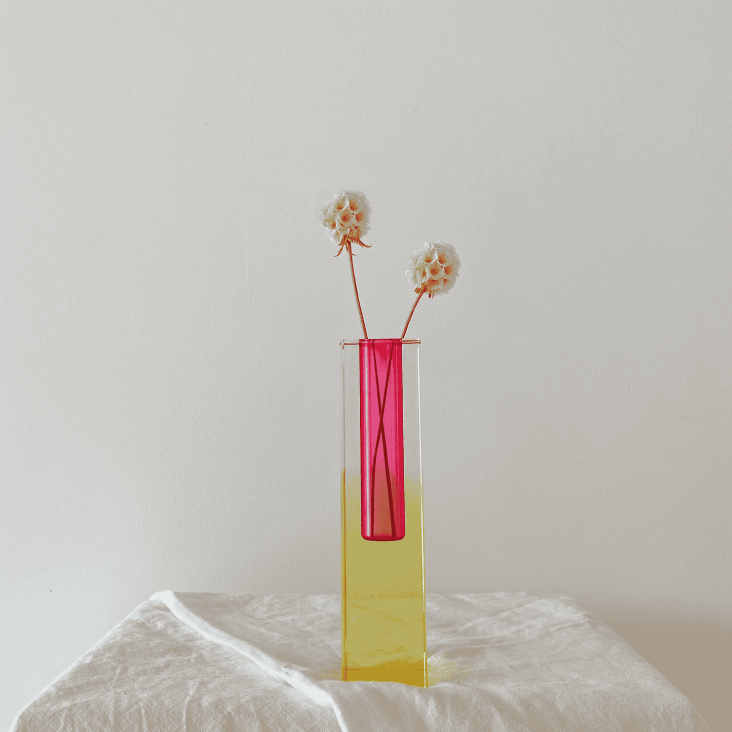 Vase with red and yellow gradient and dried flowers on a white surface