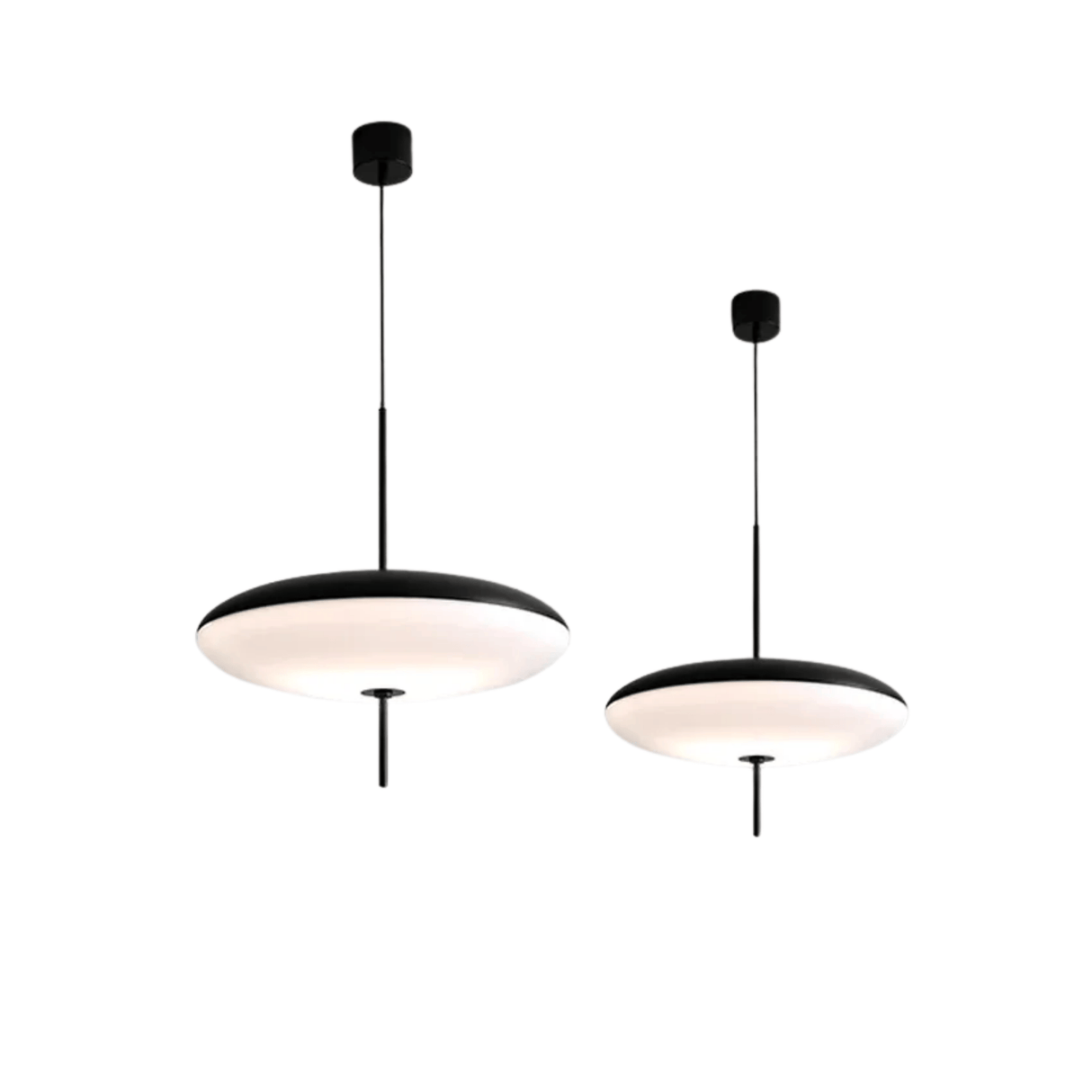Two modern pendant lights with black frames and white shades on a white background