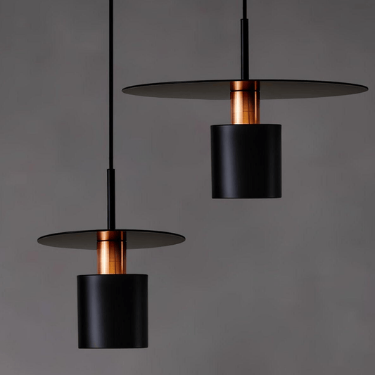 Two modern pendant lights with black and copper design on a gray background