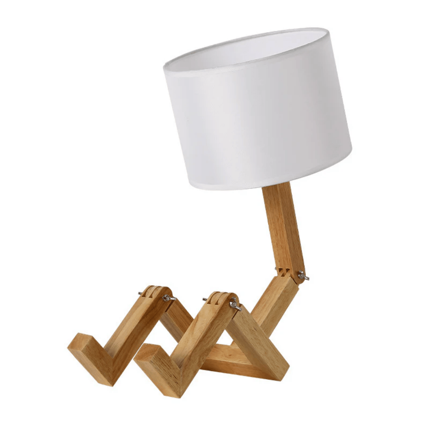 Table lamp with wooden base and white shade on a white background