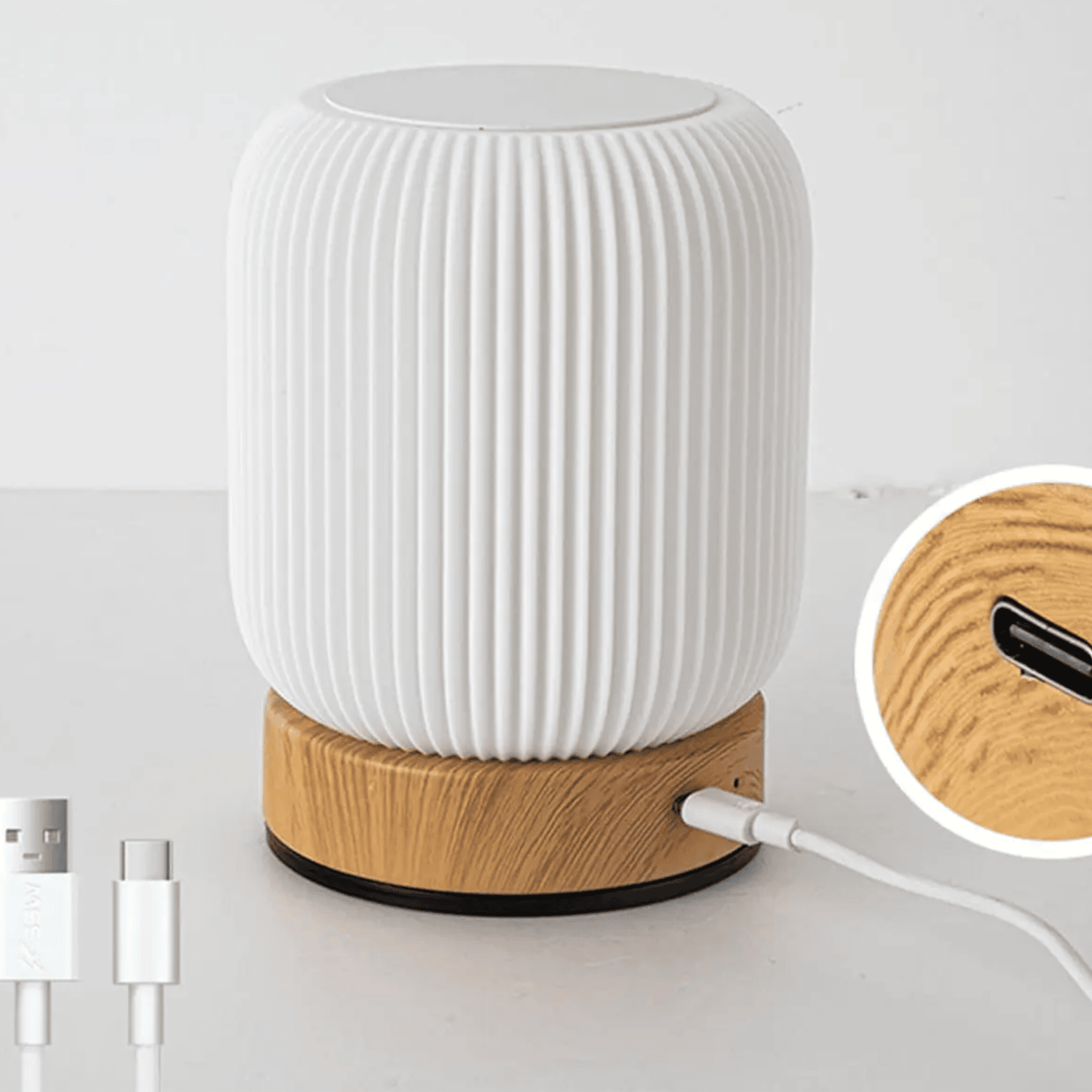 White textured lamp with wooden base on a white background