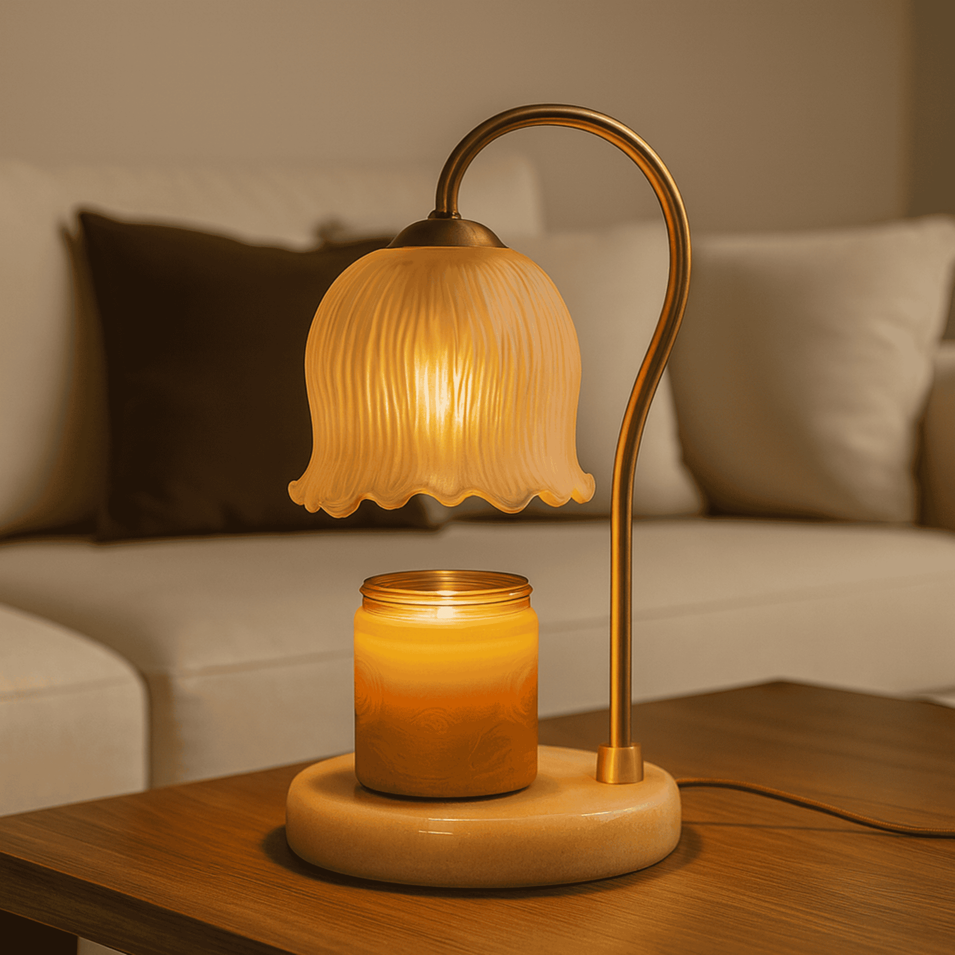 Decorative lamp with a warm glow on a wooden table in a cozy living room setting.