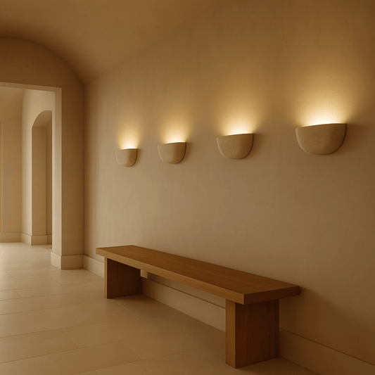 Wooden bench against a wall with three wall-mounted lights in a softly lit room.