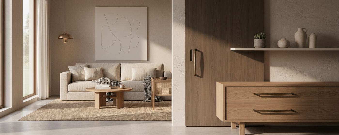 Modern living room with beige sofa, wooden coffee table, and sideboard.