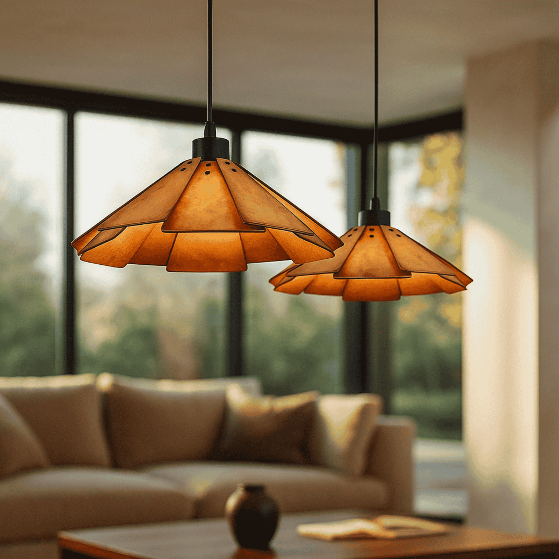 Two orange pendant lights hanging above a living room with a blurred background