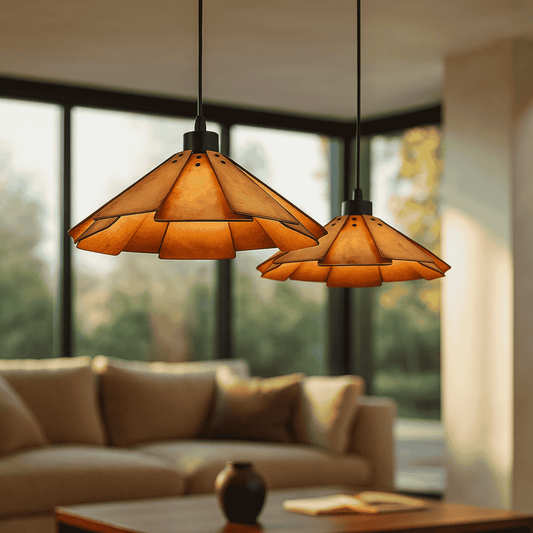 Two orange pendant lights hanging above a living room with a blurred background