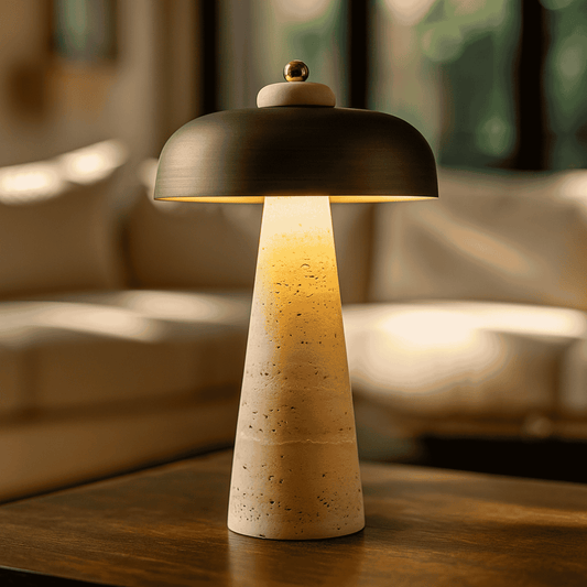 Table lamp with a unique design on a wooden surface, blurred background